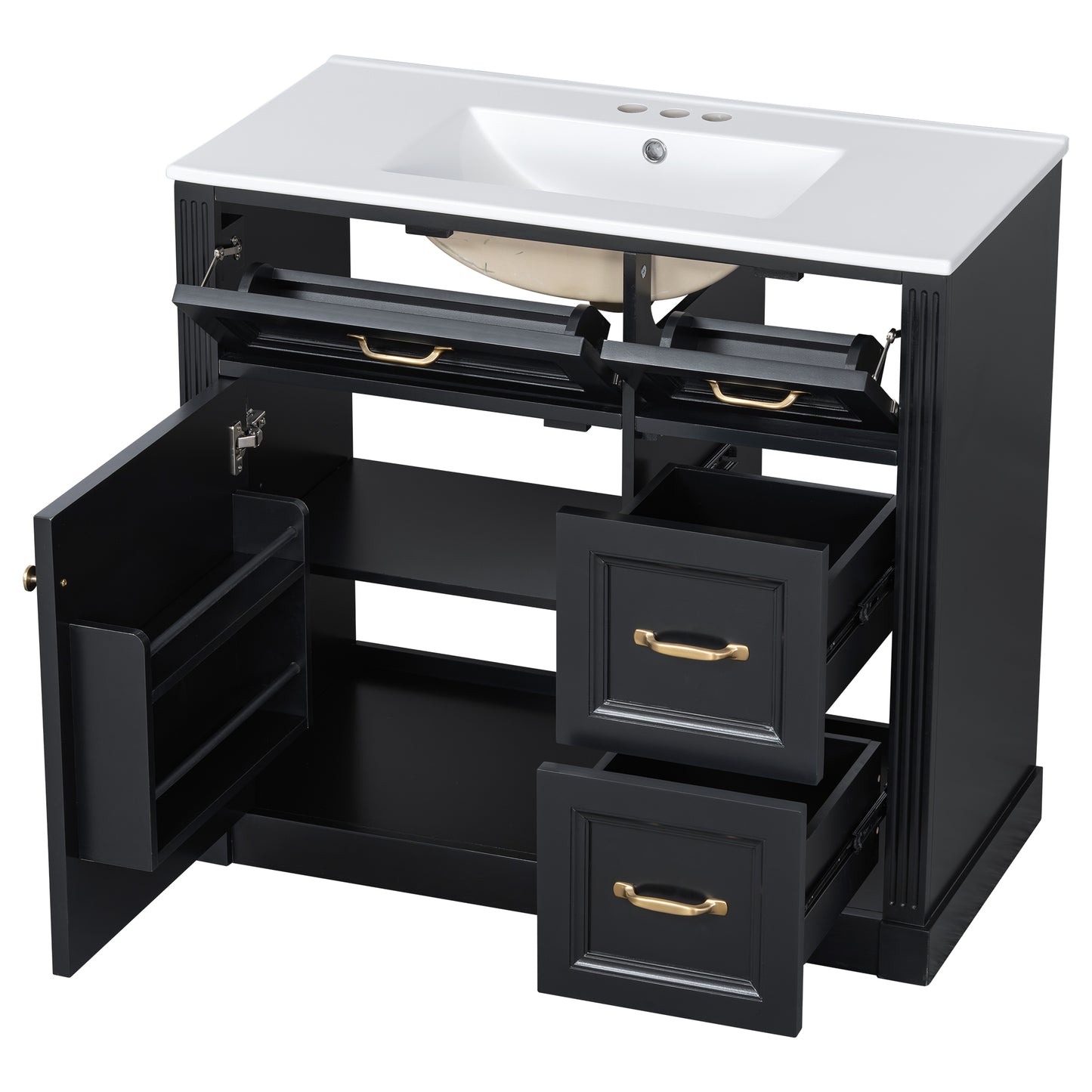 VanityFus 36-in Black Bathroom Vanity Single Sink Combo Ceramic Top 1 Soft Close Door 4 drawers Undermount Adjustable Shelves