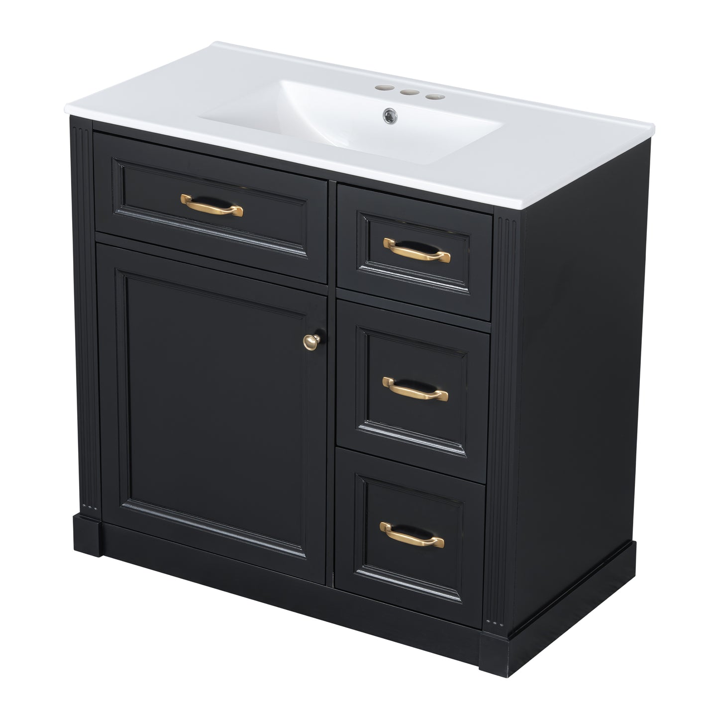 VanityFus 36-in Black Bathroom Vanity Single Sink Combo Ceramic Top 1 Soft Close Door 4 drawers Undermount Adjustable Shelves