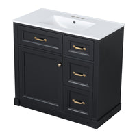 VanityFus 36-in Black Bathroom Vanity Single Sink Combo Ceramic Top 1 Soft Close Door 4 drawers Undermount Adjustable Shelves