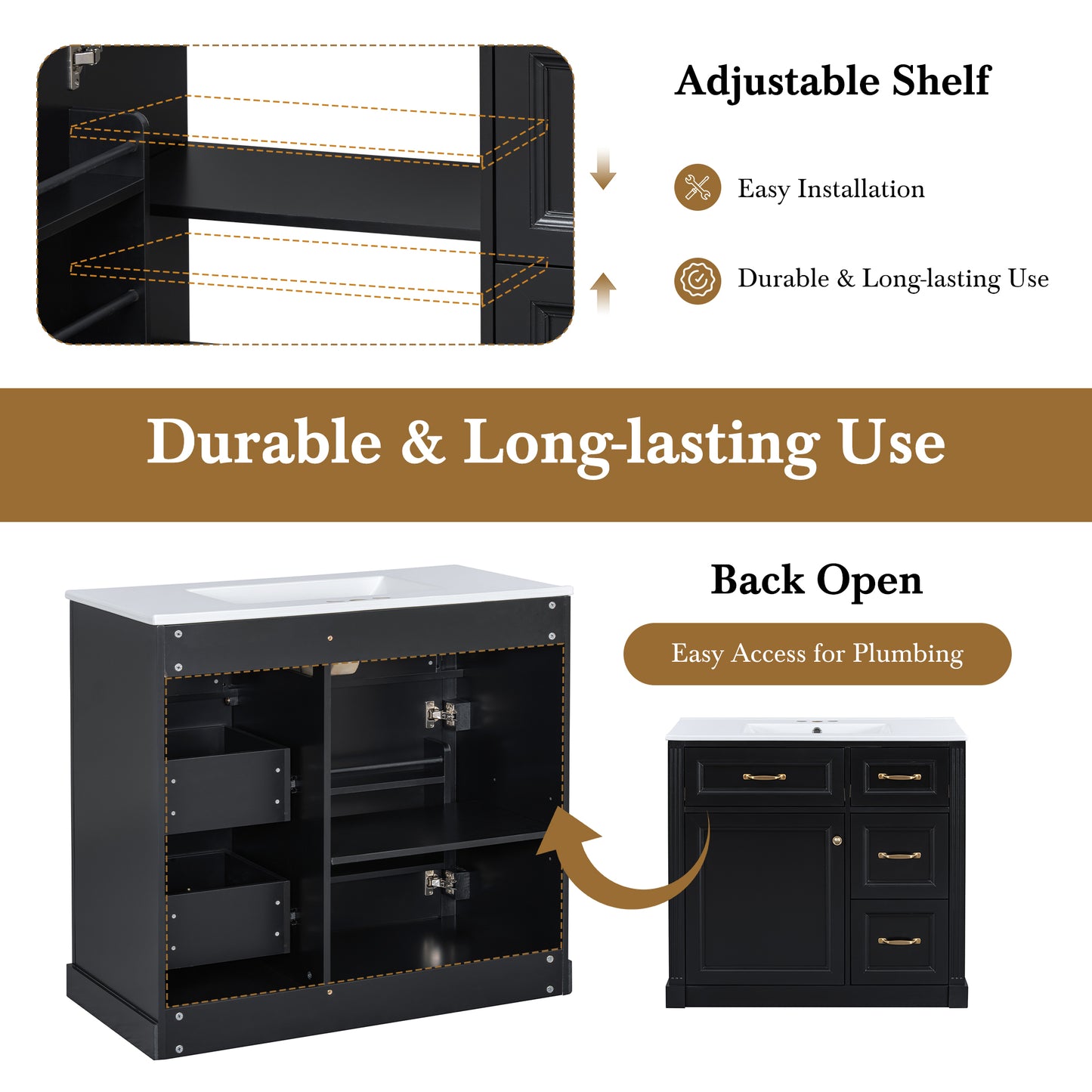 VanityFus 36-in Black Bathroom Vanity Single Sink Combo Ceramic Top 1 Soft Close Door 4 drawers Undermount Adjustable Shelves