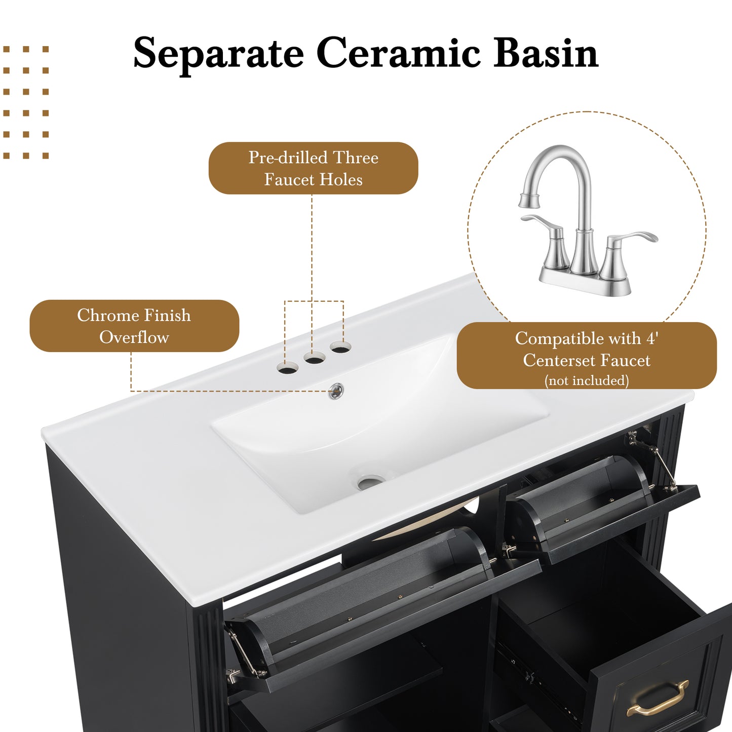 VanityFus 36-in Black Bathroom Vanity Single Sink Combo Ceramic Top 1 Soft Close Door 4 drawers Undermount Adjustable Shelves