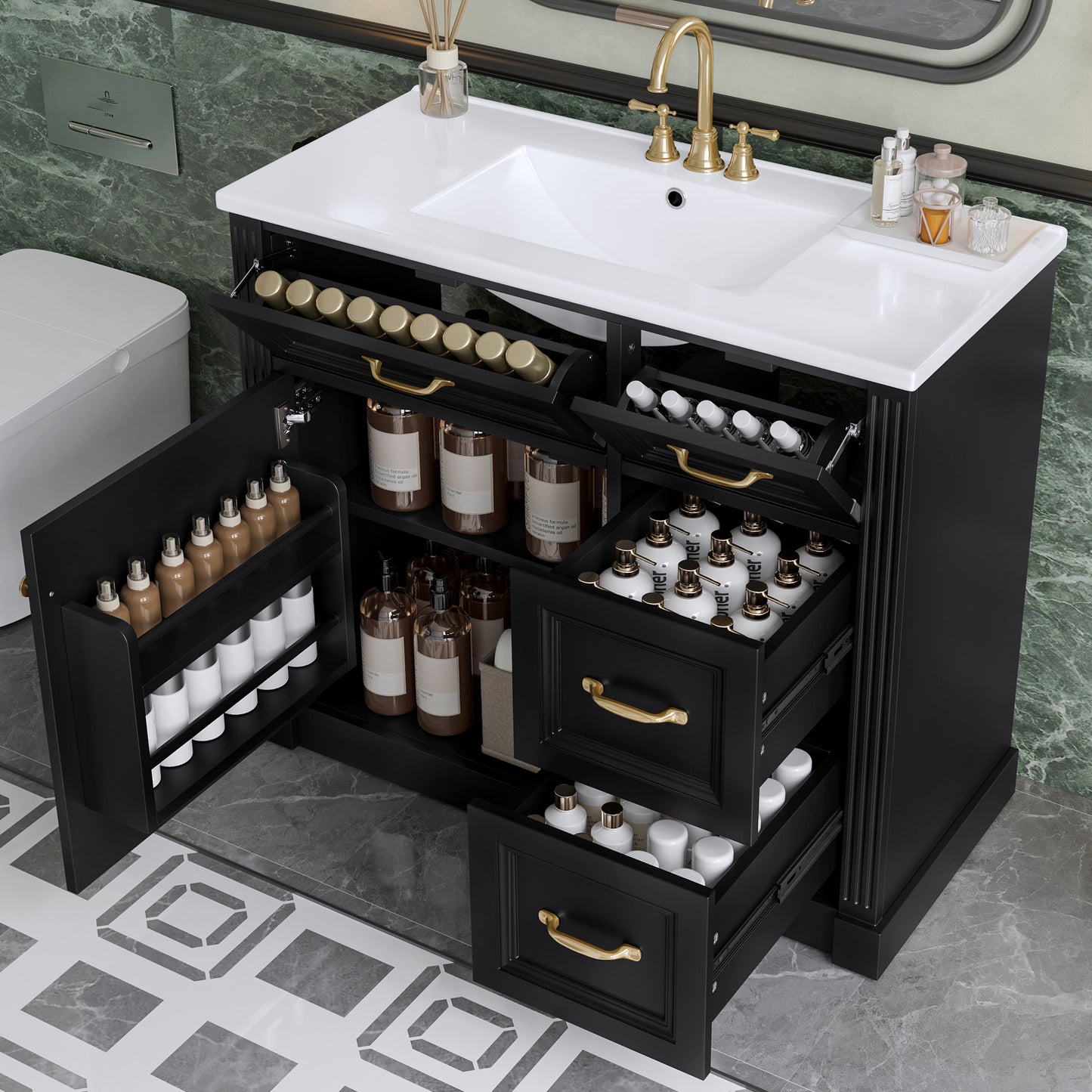 VanityFus 36-in Black Bathroom Vanity Single Sink Combo Ceramic Top 1 Soft Close Door 4 drawers Undermount Adjustable Shelves