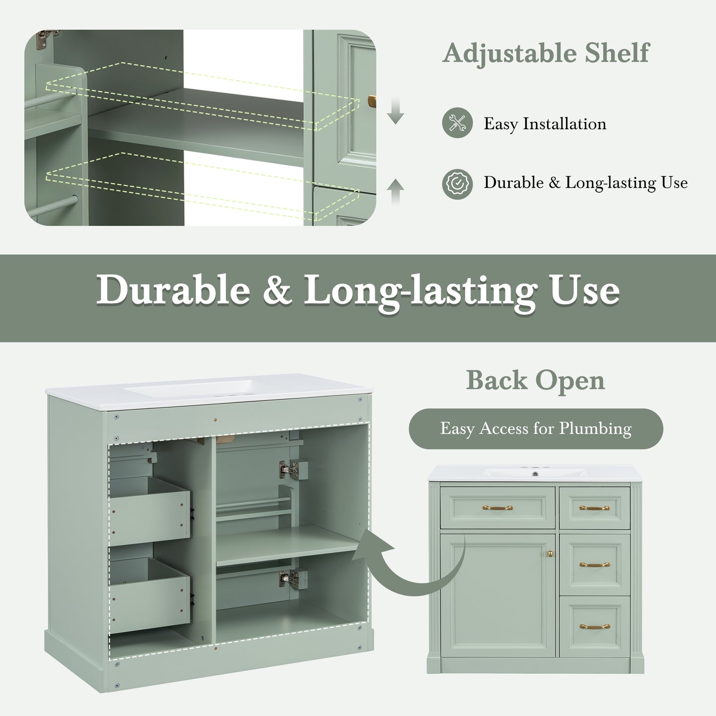 VanityFus 36-in Green Bathroom Vanity Single Sink Combo Ceramic Top 1 Soft Close Door 4 drawers Undermount Adjustable Shelves