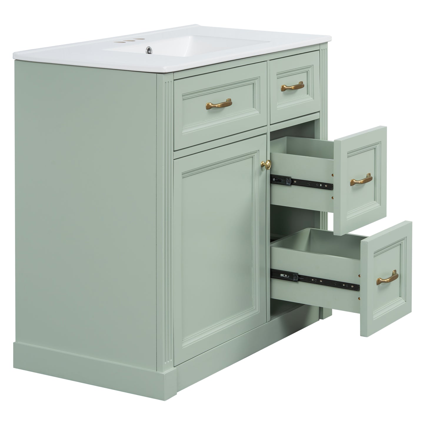 VanityFus 36-in Green Bathroom Vanity Single Sink Combo Ceramic Top 1 Soft Close Door 4 drawers Undermount Adjustable Shelves