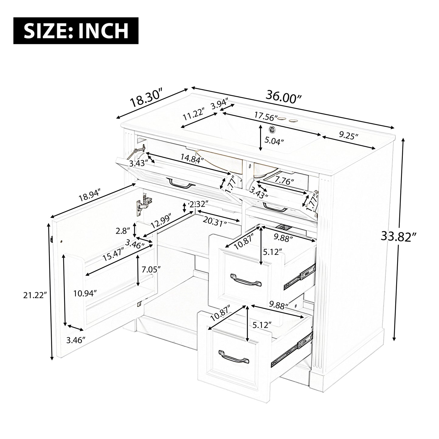 VanityFus 36-in Green Bathroom Vanity Single Sink Combo Ceramic Top 1 Soft Close Door 4 drawers Undermount Adjustable Shelves
