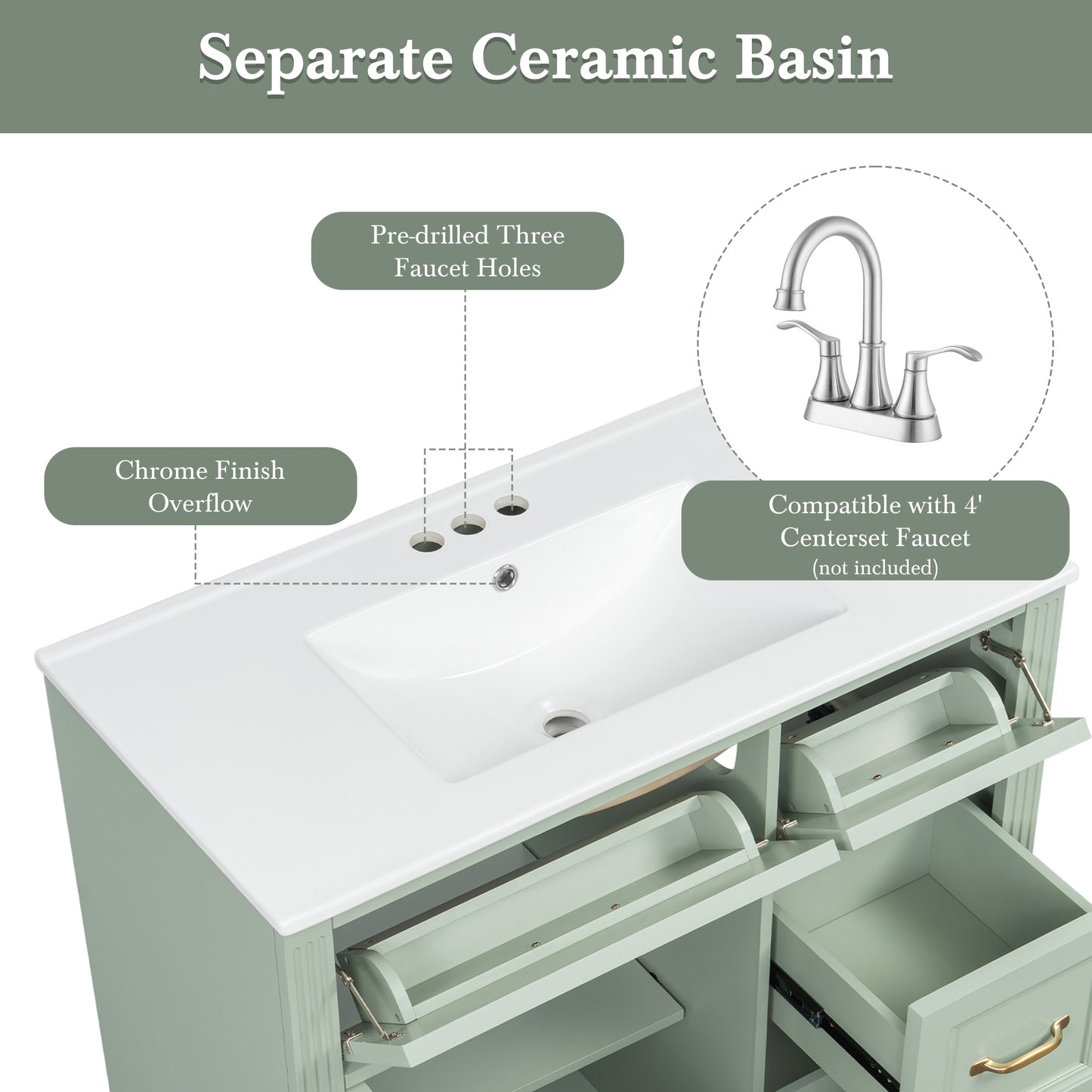 VanityFus 36-in Green Bathroom Vanity Single Sink Combo Ceramic Top 1 Soft Close Door 4 drawers Undermount Adjustable Shelves