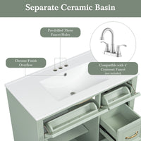 VanityFus 36-in Green Bathroom Vanity Single Sink Combo Ceramic Top 1 Soft Close Door 4 drawers Undermount Adjustable Shelves