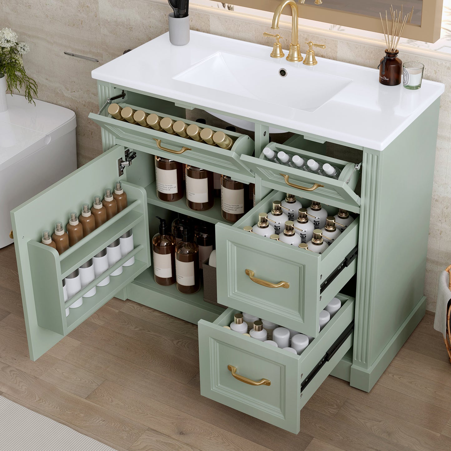 VanityFus 36-in Green Bathroom Vanity Single Sink Combo Ceramic Top 1 Soft Close Door 4 drawers Undermount Adjustable Shelves