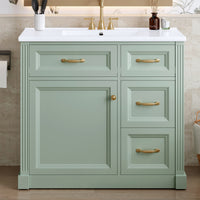 VanityFus 36-in Green Bathroom Vanity Single Sink Combo Ceramic Top 1 Soft Close Door 4 drawers Undermount Adjustable Shelves