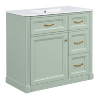 VanityFus 36-in Green Bathroom Vanity Single Sink Combo Ceramic Top 1 Soft Close Door 4 drawers Undermount Adjustable Shelves