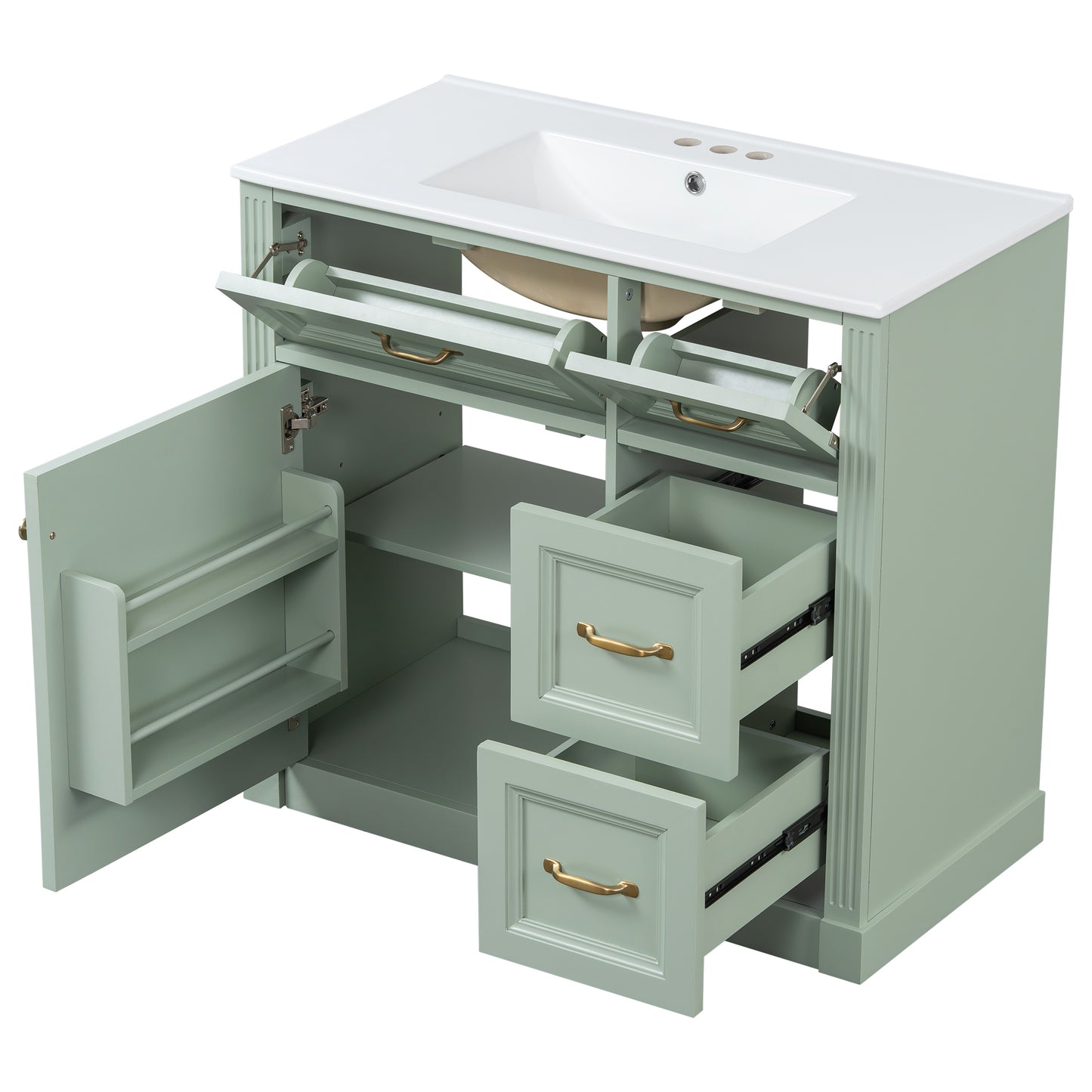 VanityFus 36-in Green Bathroom Vanity Single Sink Combo Ceramic Top 1 Soft Close Door 4 drawers Undermount Adjustable Shelves