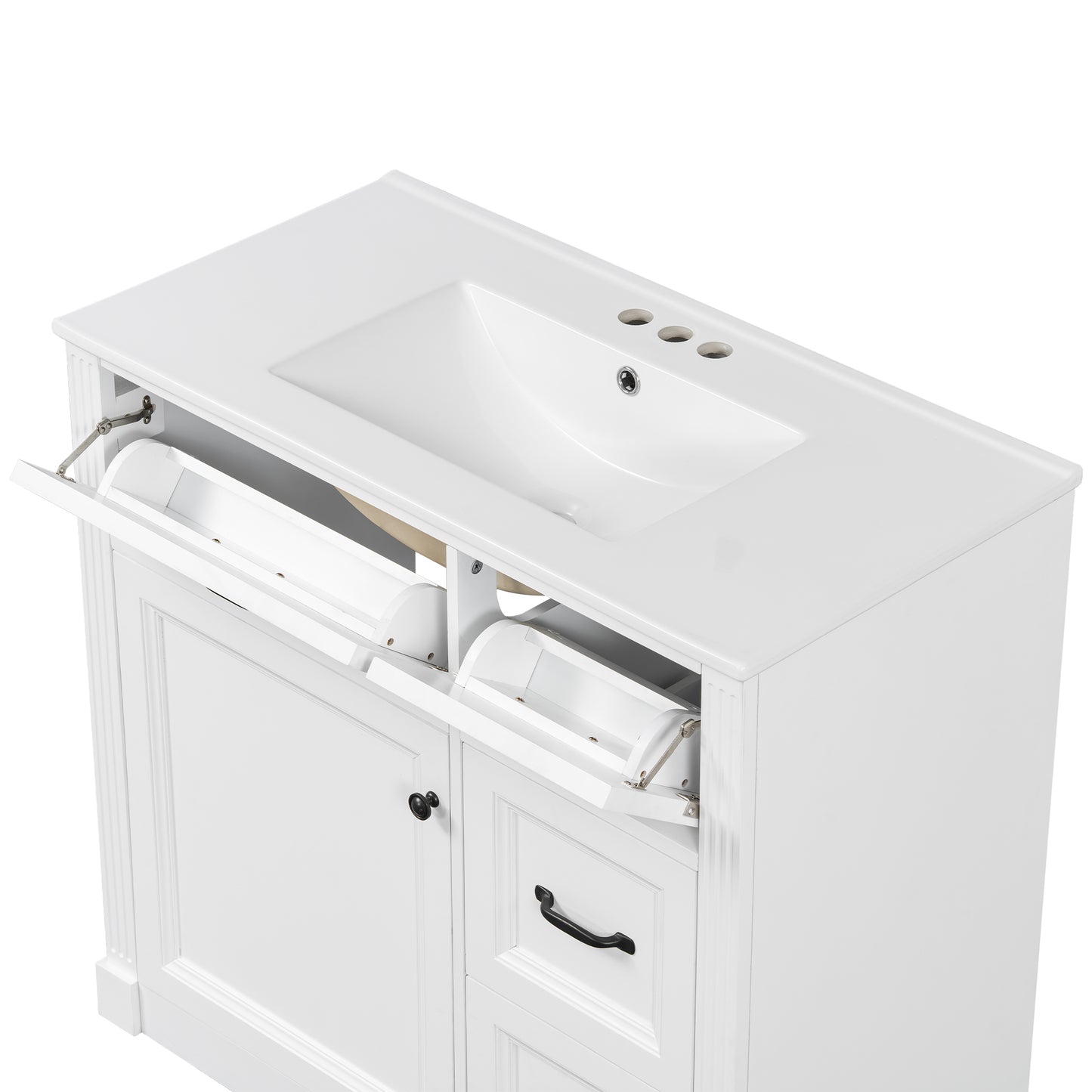 VanityFus 36-in White Bathroom Vanity Single Sink Combo Ceramic Top 1 Soft Close Door 4 drawers Undermount Adjustable Shelves