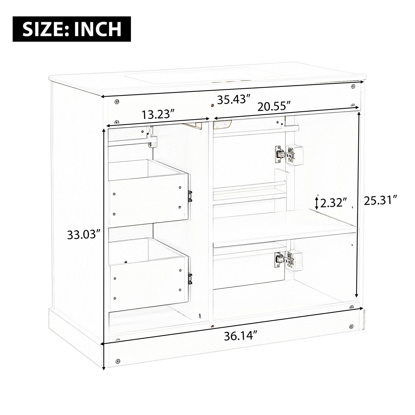 VanityFus 36-in White Bathroom Vanity Single Sink Combo Ceramic Top 1 Soft Close Door 4 drawers Undermount Adjustable Shelves