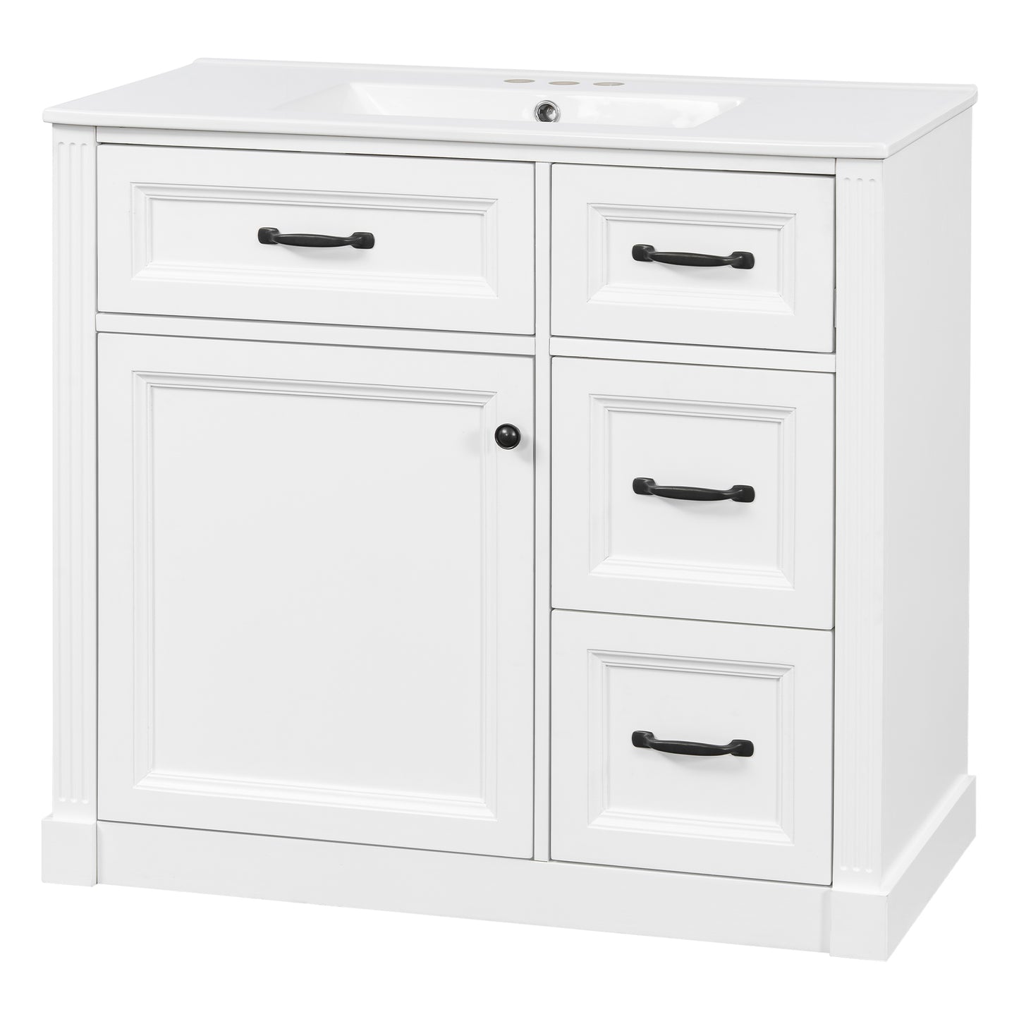 VanityFus 36-in White Bathroom Vanity Single Sink Combo Ceramic Top 1 Soft Close Door 4 drawers Undermount Adjustable Shelves