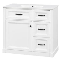 VanityFus 36-in White Bathroom Vanity Single Sink Combo Ceramic Top 1 Soft Close Door 4 drawers Undermount Adjustable Shelves