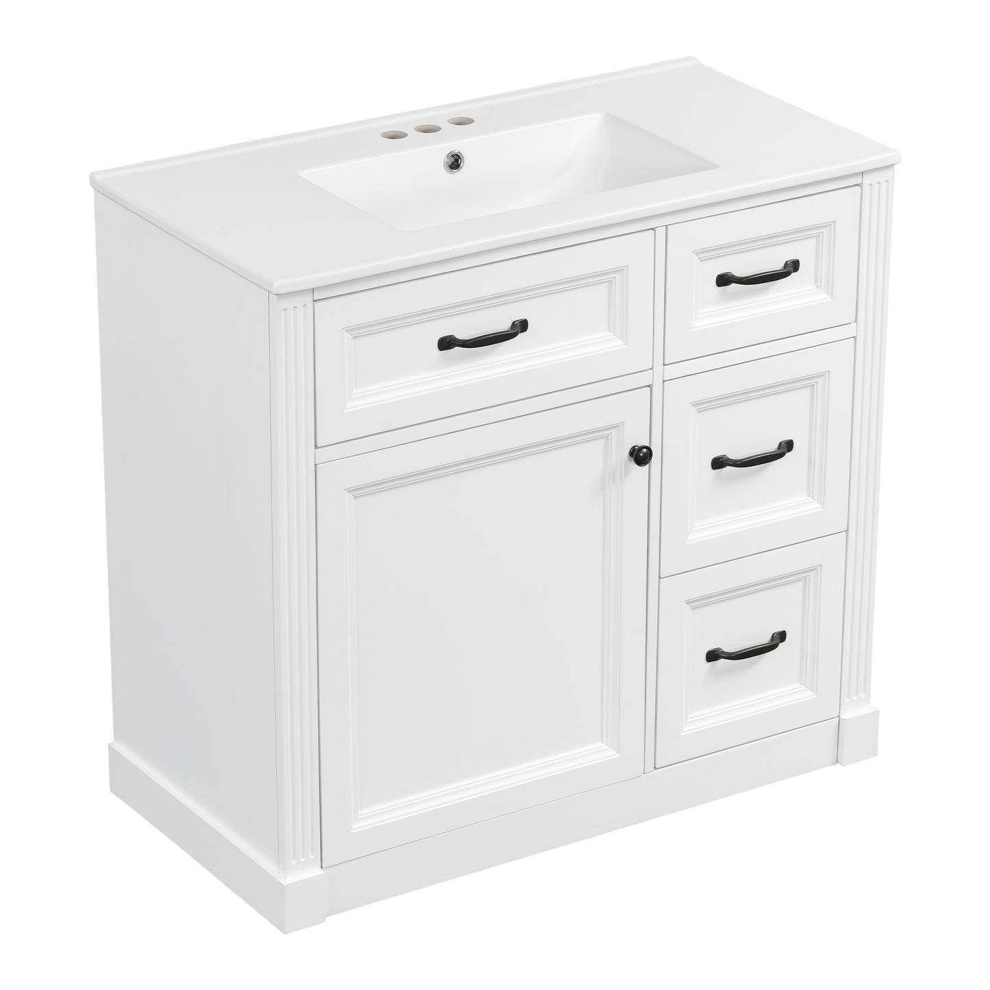 VanityFus 36-in White Bathroom Vanity Single Sink Combo Ceramic Top 1 Soft Close Door 4 drawers Undermount Adjustable Shelves