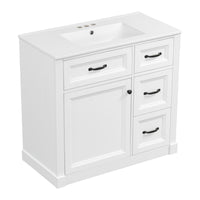 VanityFus 36-in White Bathroom Vanity Single Sink Combo Ceramic Top 1 Soft Close Door 4 drawers Undermount Adjustable Shelves