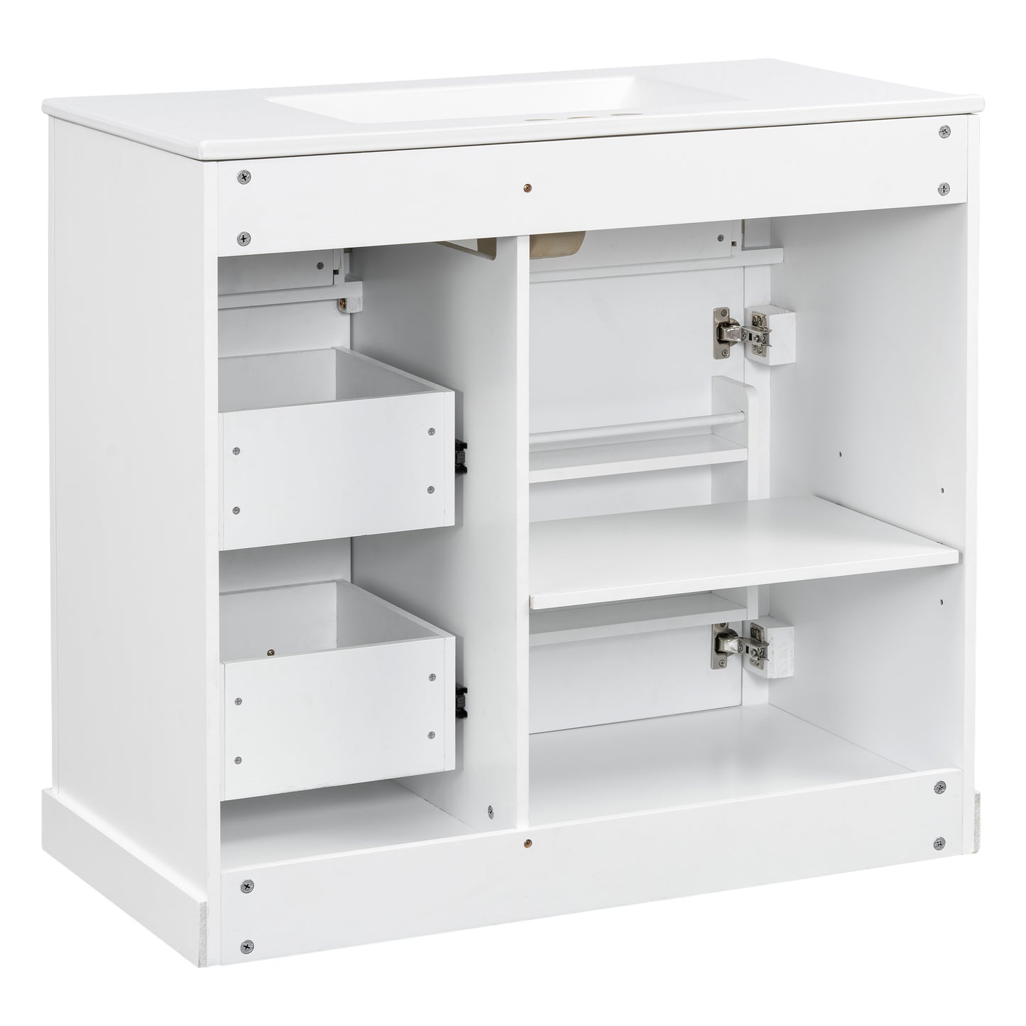 VanityFus 36-in White Bathroom Vanity Single Sink Combo Ceramic Top 1 Soft Close Door 4 drawers Undermount Adjustable Shelves