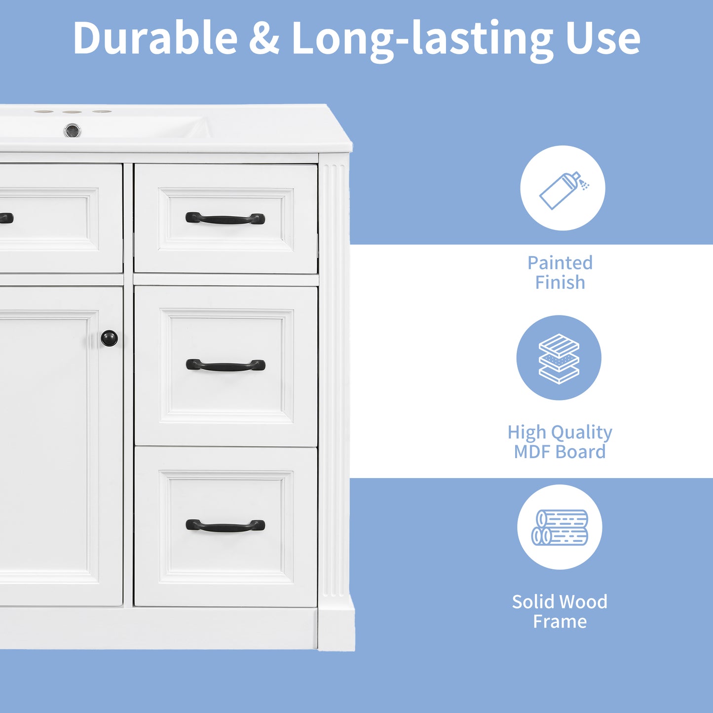 VanityFus 36-in White Bathroom Vanity Single Sink Combo Ceramic Top 1 Soft Close Door 4 drawers Undermount Adjustable Shelves
