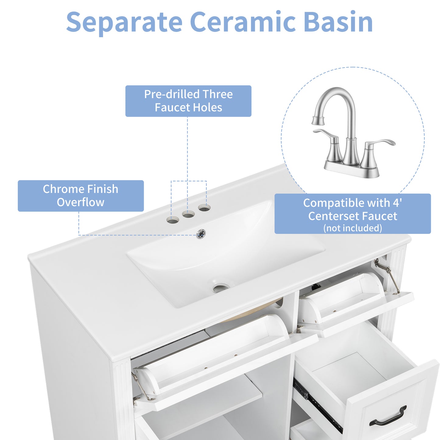 VanityFus 36-in White Bathroom Vanity Single Sink Combo Ceramic Top 1 Soft Close Door 4 drawers Undermount Adjustable Shelves