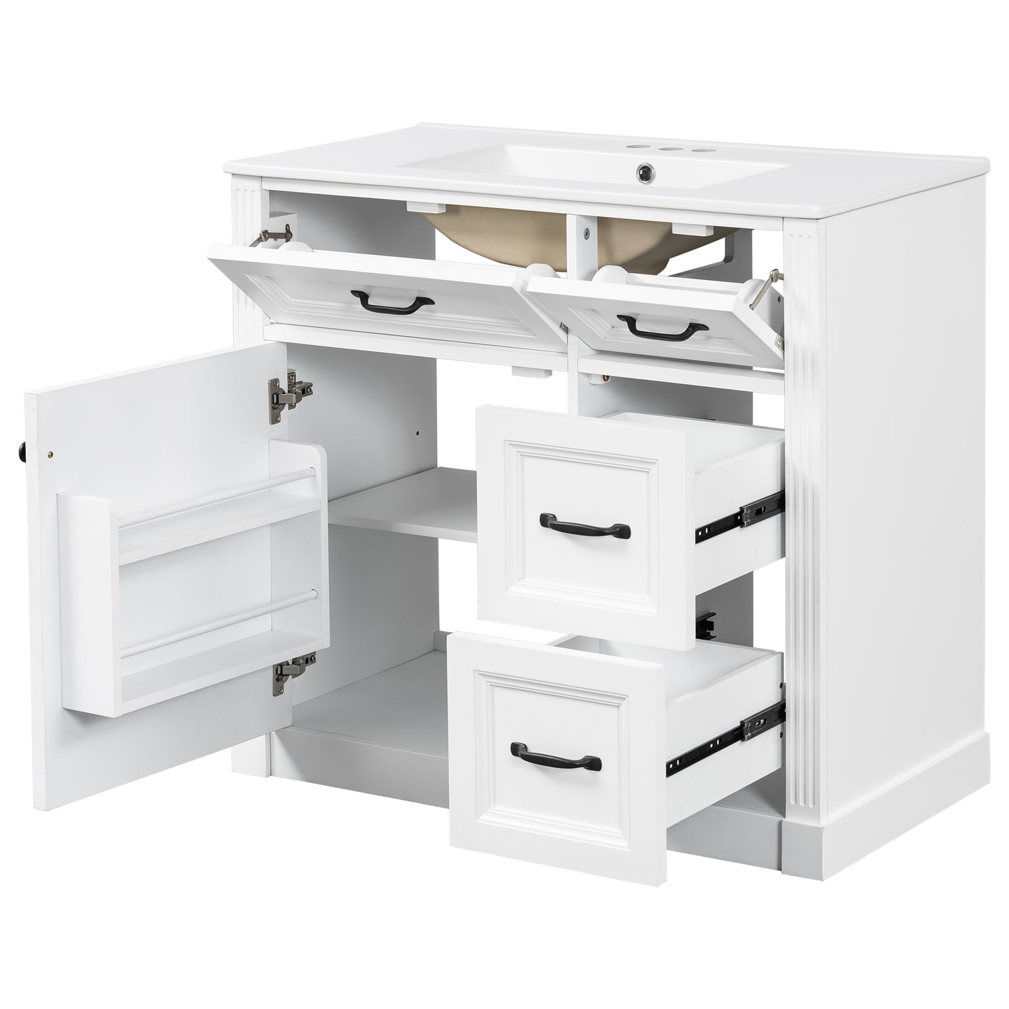 VanityFus 36-in White Bathroom Vanity Single Sink Combo Ceramic Top 1 Soft Close Door 4 drawers Undermount Adjustable Shelves