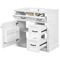 VanityFus 36-in White Bathroom Vanity Single Sink Combo Ceramic Top 1 Soft Close Door 4 drawers Undermount Adjustable Shelves