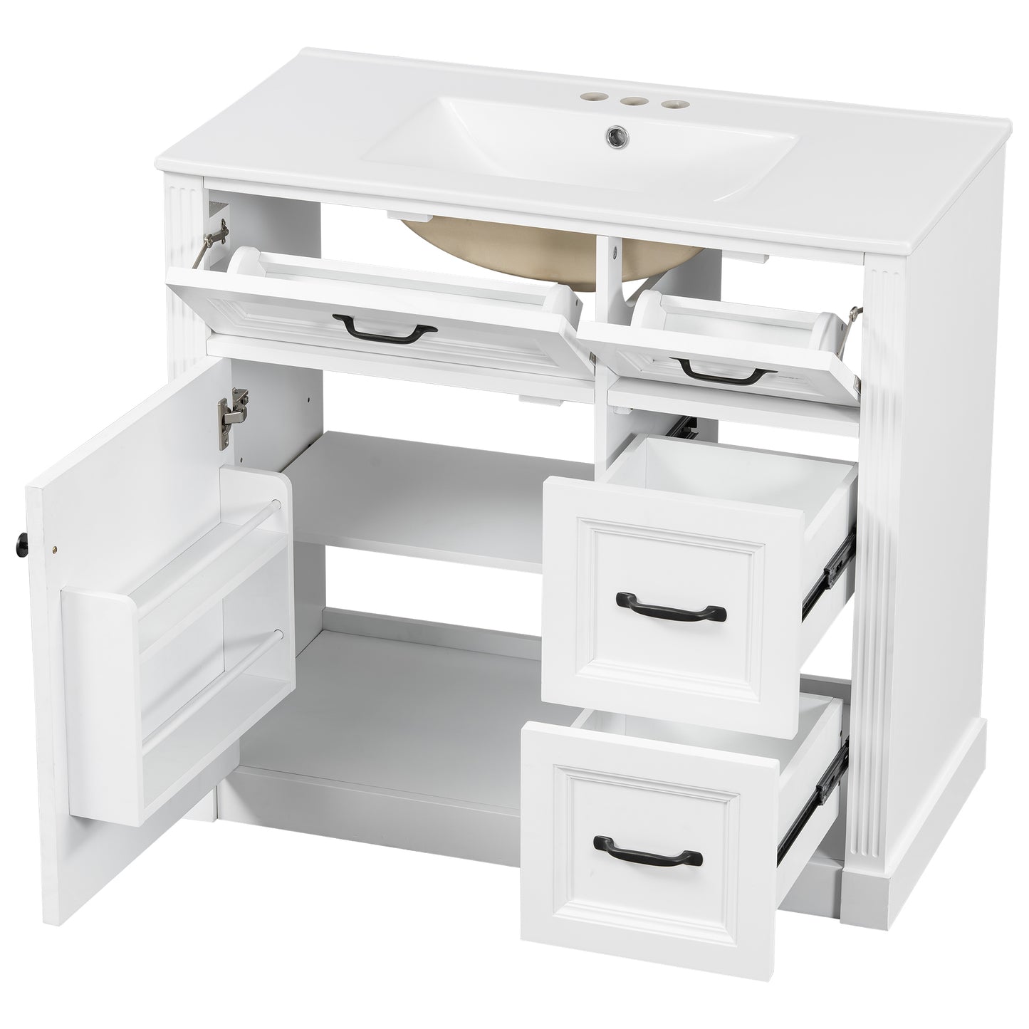 VanityFus 36-in White Bathroom Vanity Single Sink Combo Ceramic Top 1 Soft Close Door 4 drawers Undermount Adjustable Shelves