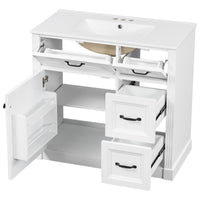 VanityFus 36-in White Bathroom Vanity Single Sink Combo Ceramic Top 1 Soft Close Door 4 drawers Undermount Adjustable Shelves