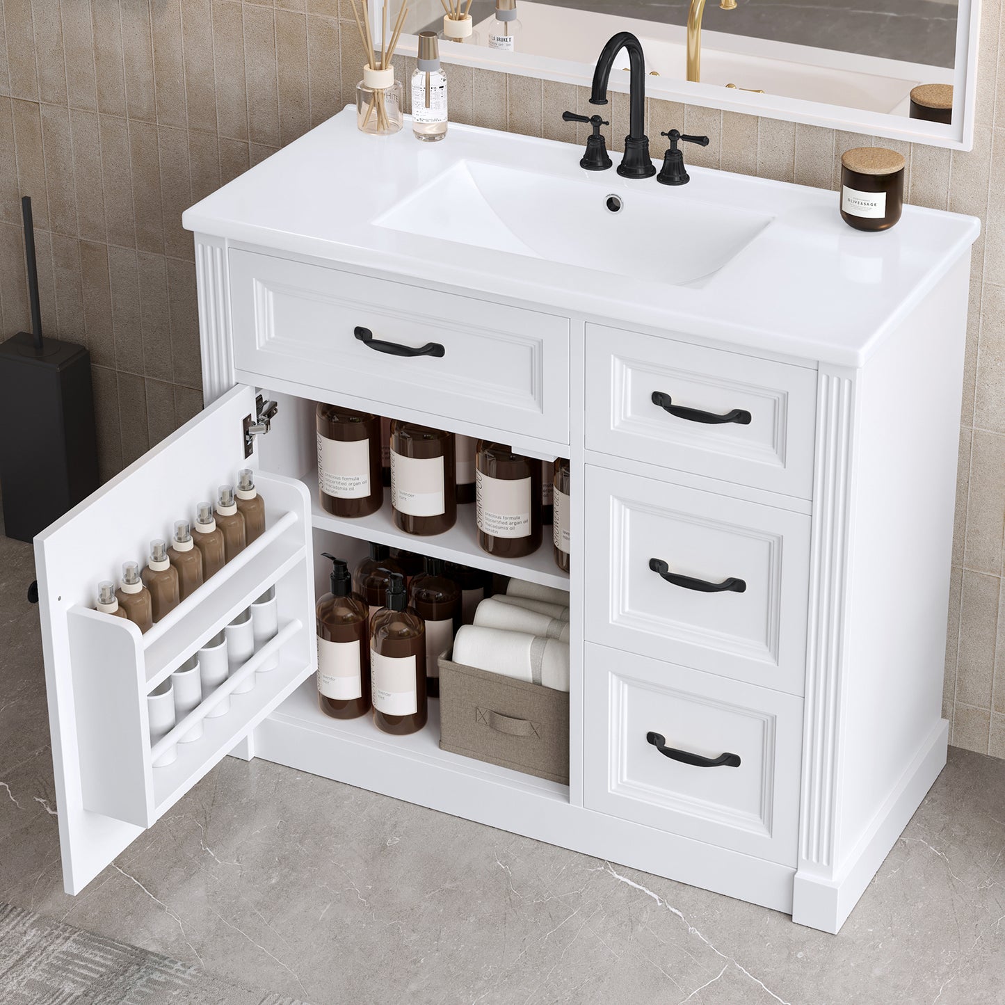 VanityFus 36-in White Bathroom Vanity Single Sink Combo Ceramic Top 1 Soft Close Door 4 drawers Undermount Adjustable Shelves