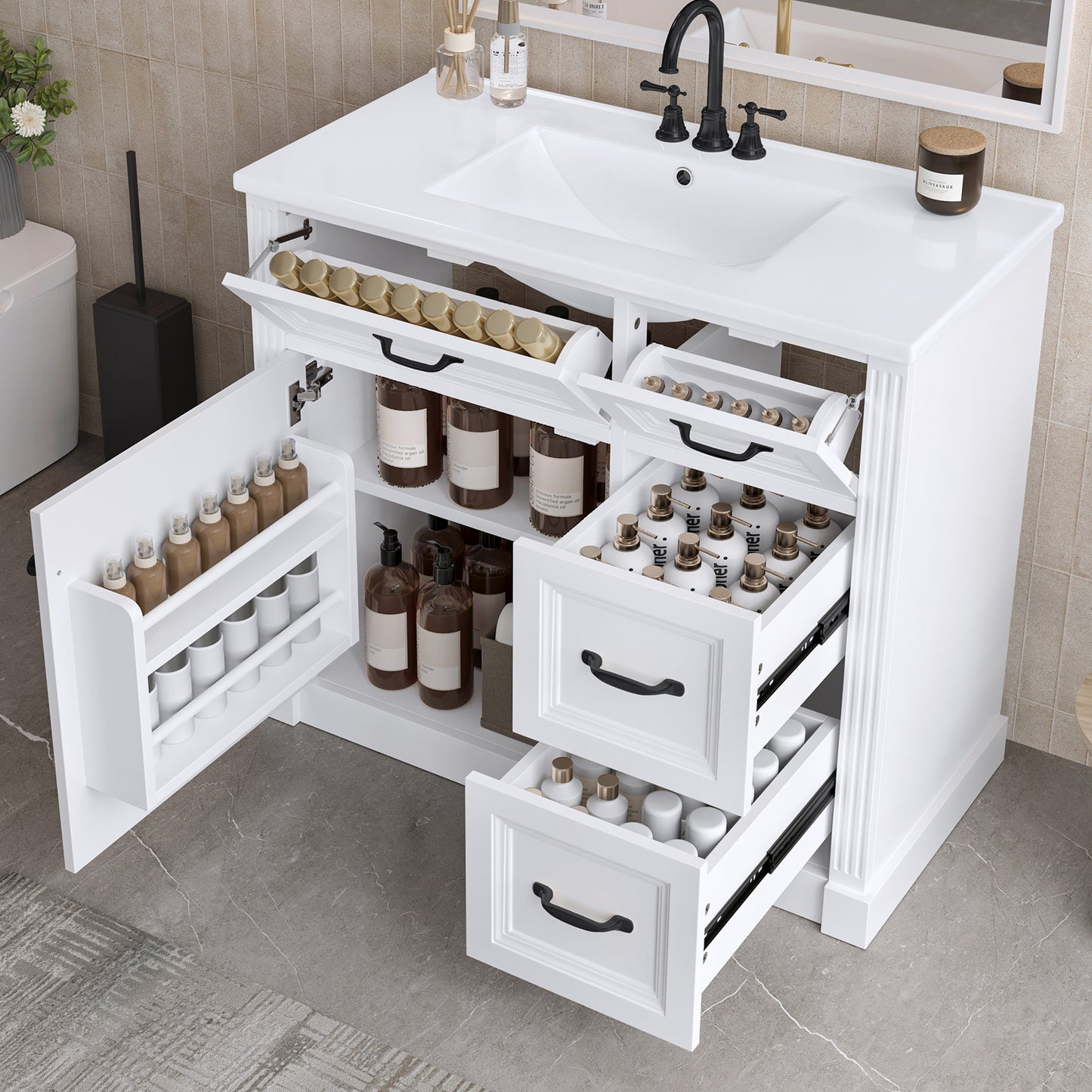 VanityFus 36-in White Bathroom Vanity Single Sink Combo Ceramic Top 1 Soft Close Door 4 drawers Undermount Adjustable Shelves