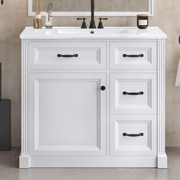 VanityFus 36-in White Bathroom Vanity Single Sink Combo Ceramic Top 1 Soft Close Door 4 drawers Undermount Adjustable Shelves
