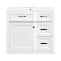 VanityFus 36-in White Bathroom Vanity Single Sink Combo Ceramic Top 1 Soft Close Door 4 drawers Undermount Adjustable Shelves