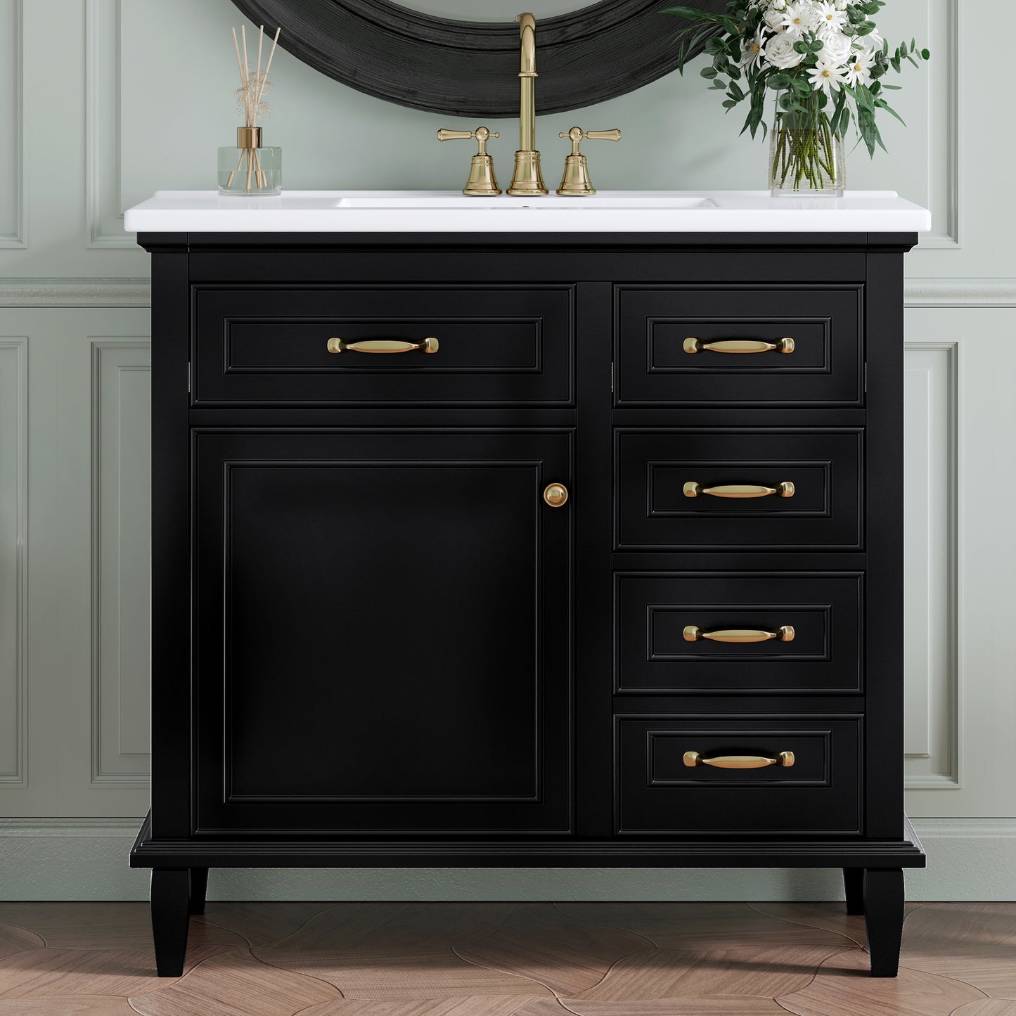 VanityFus 36-in Black Bathroom Vanity Single Sink Combo Ceramic Top 1 Soft Close Door 4 drawers Undermount Adjustable Shelves