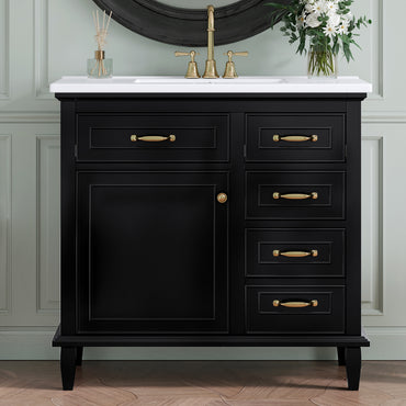 VanityFus 36-in Black Bathroom Vanity Single Sink Combo Ceramic Top 1 Soft Close Door 4 drawers Undermount Adjustable Shelves