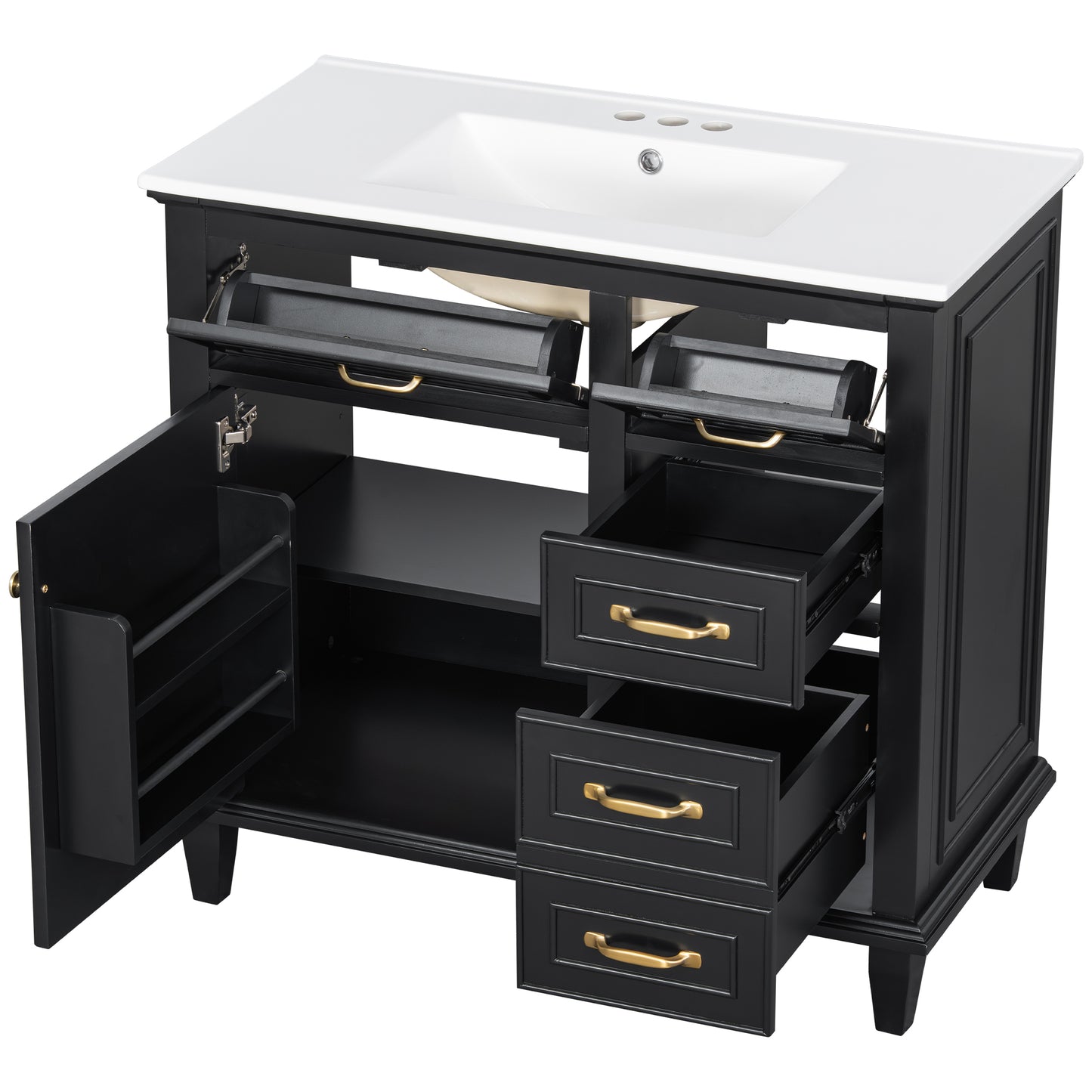 VanityFus 36-in Black Bathroom Vanity Single Sink Combo Ceramic Top 1 Soft Close Door 4 drawers Undermount Adjustable Shelves
