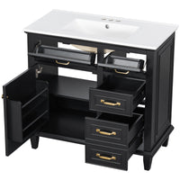 VanityFus 36-in Black Bathroom Vanity Single Sink Combo Ceramic Top 1 Soft Close Door 4 drawers Undermount Adjustable Shelves