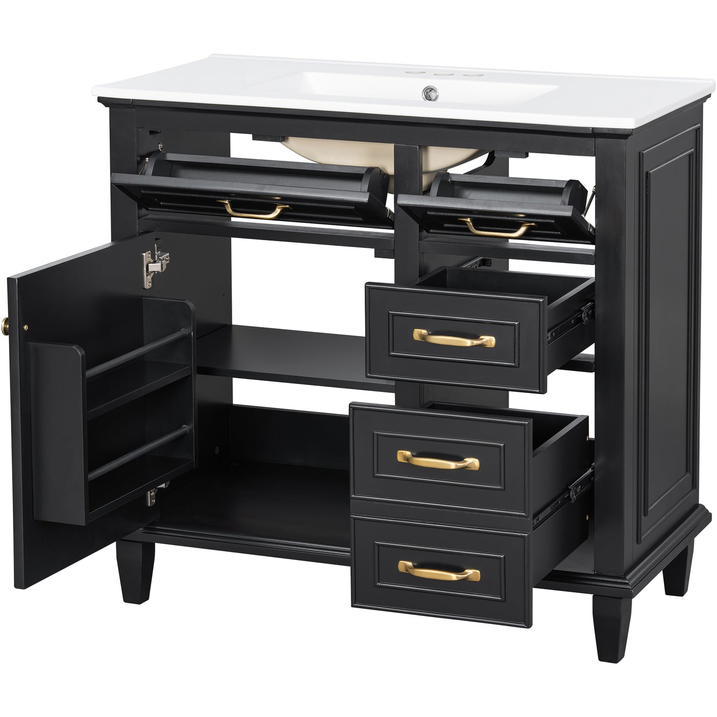 VanityFus 36-in Black Bathroom Vanity Single Sink Combo Ceramic Top 1 Soft Close Door 4 drawers Undermount Adjustable Shelves