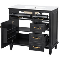 VanityFus 36-in Black Bathroom Vanity Single Sink Combo Ceramic Top 1 Soft Close Door 4 drawers Undermount Adjustable Shelves