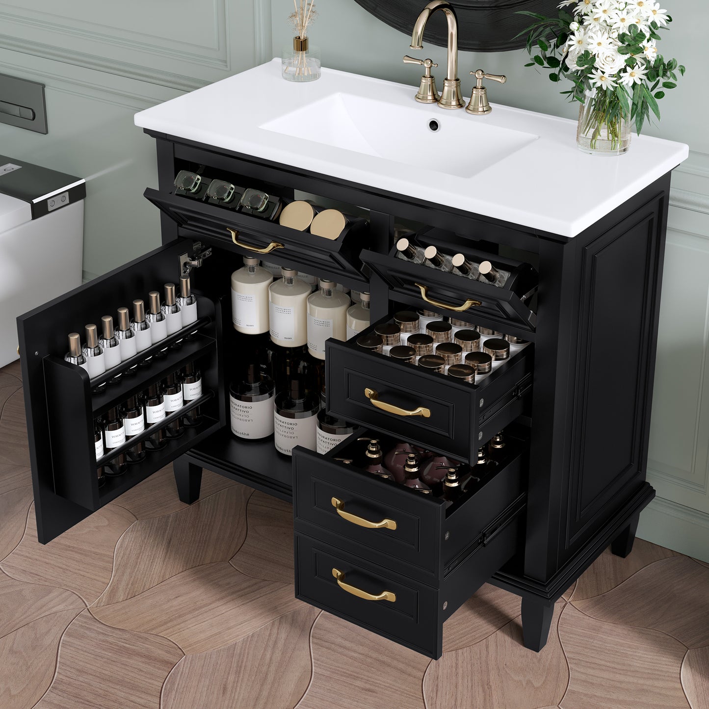 VanityFus 36-in Black Bathroom Vanity Single Sink Combo Ceramic Top 1 Soft Close Door 4 drawers Undermount Adjustable Shelves