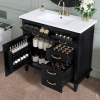 VanityFus 36-in Black Bathroom Vanity Single Sink Combo Ceramic Top 1 Soft Close Door 4 drawers Undermount Adjustable Shelves