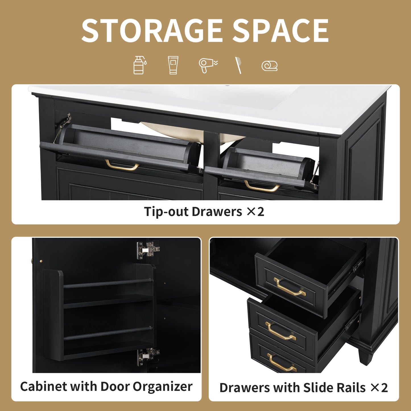 VanityFus 36-in Black Bathroom Vanity Single Sink Combo Ceramic Top 1 Soft Close Door 4 drawers Undermount Adjustable Shelves
