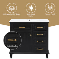 VanityFus 36-in Black Bathroom Vanity Single Sink Combo Ceramic Top 1 Soft Close Door 4 drawers Undermount Adjustable Shelves