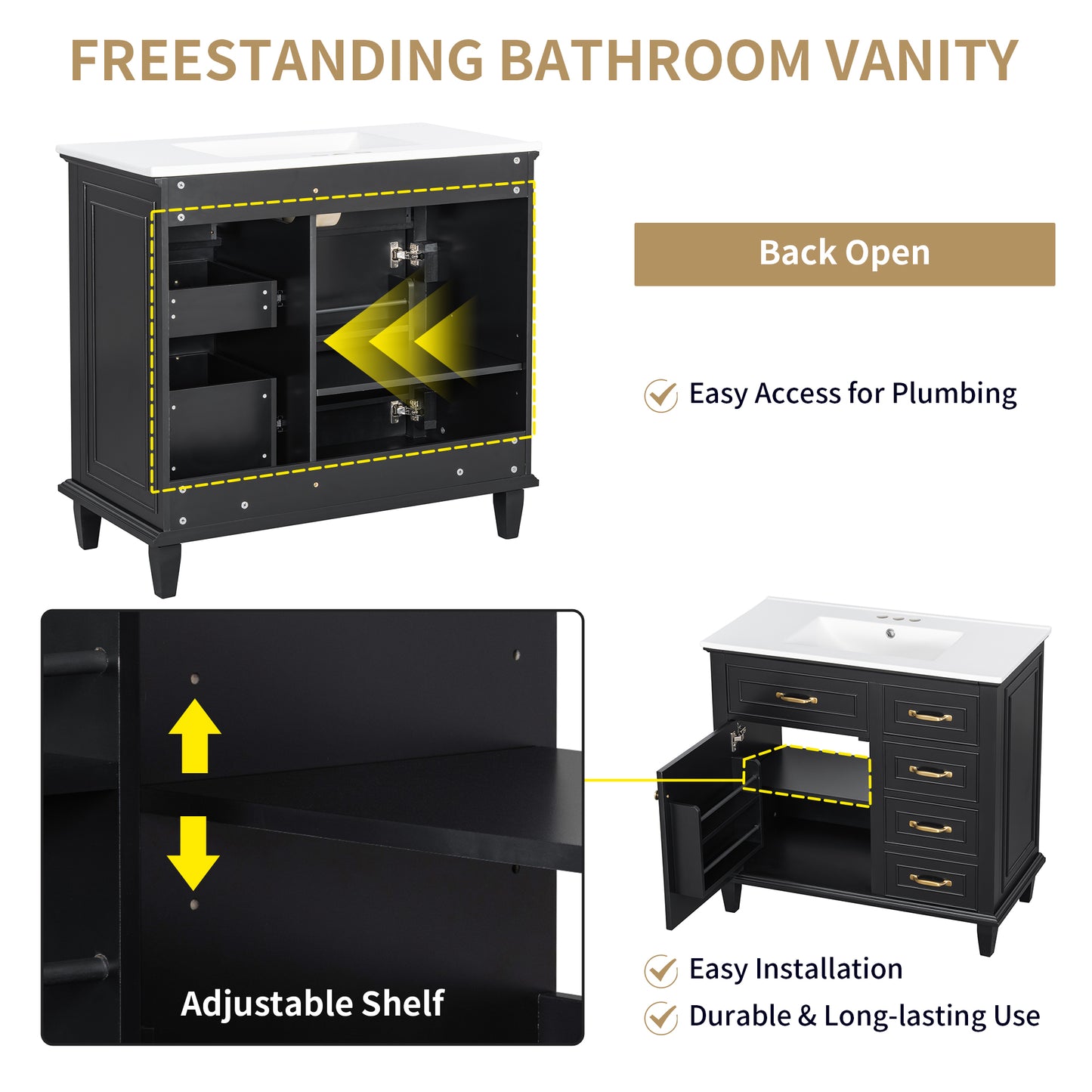 VanityFus 36-in Black Bathroom Vanity Single Sink Combo Ceramic Top 1 Soft Close Door 4 drawers Undermount Adjustable Shelves