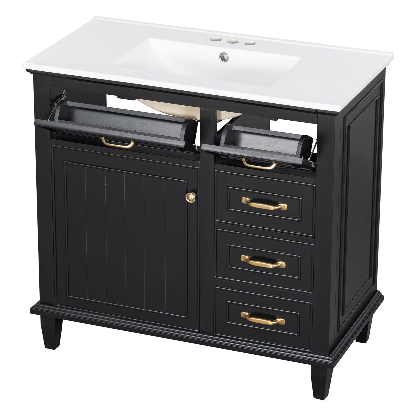 VanityFus 36-in Black Bathroom Vanity Single Sink Combo Ceramic Top 1 Soft Close Door 4 drawers Undermount Adjustable Shelves
