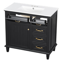 VanityFus 36-in Black Bathroom Vanity Single Sink Combo Ceramic Top 1 Soft Close Door 4 drawers Undermount Adjustable Shelves