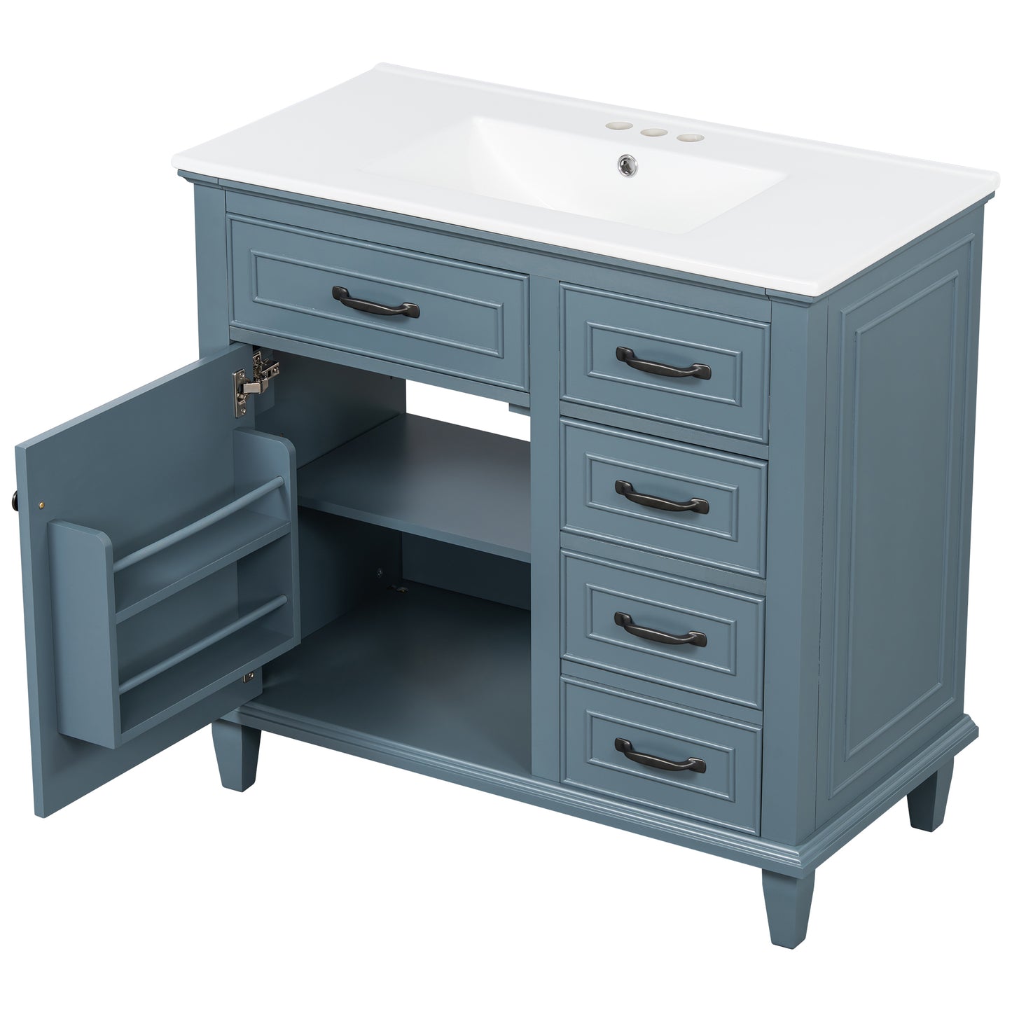 VanityFus 36-in Blue Grey Bathroom Vanity Single Sink Combo Ceramic Top 1 Soft Close Door 4 drawers Undermount Adjustable Shelves