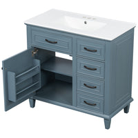 VanityFus 36-in Blue Grey Bathroom Vanity Single Sink Combo Ceramic Top 1 Soft Close Door 4 drawers Undermount Adjustable Shelves