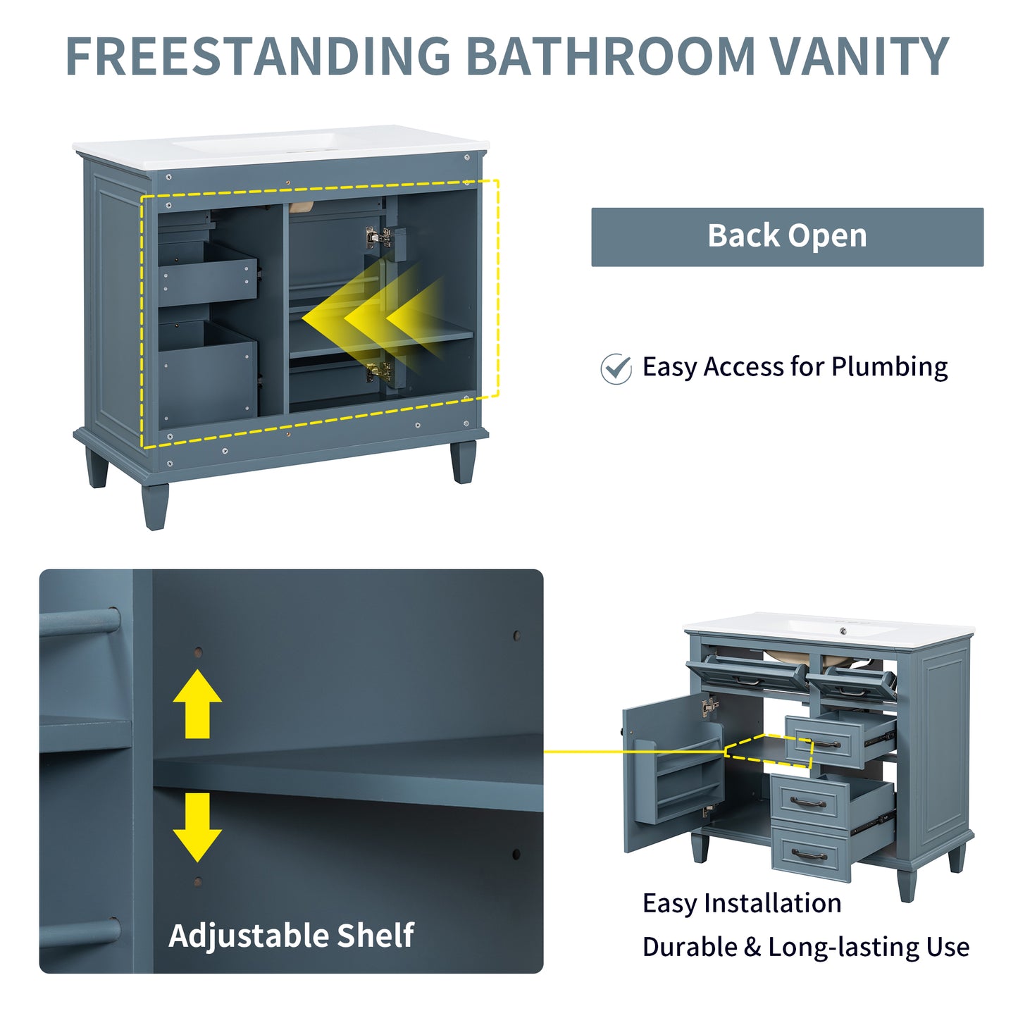 VanityFus 36-in Blue Grey Bathroom Vanity Single Sink Combo Ceramic Top 1 Soft Close Door 4 drawers Undermount Adjustable Shelves