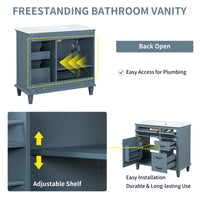 VanityFus 36-in Blue Grey Bathroom Vanity Single Sink Combo Ceramic Top 1 Soft Close Door 4 drawers Undermount Adjustable Shelves