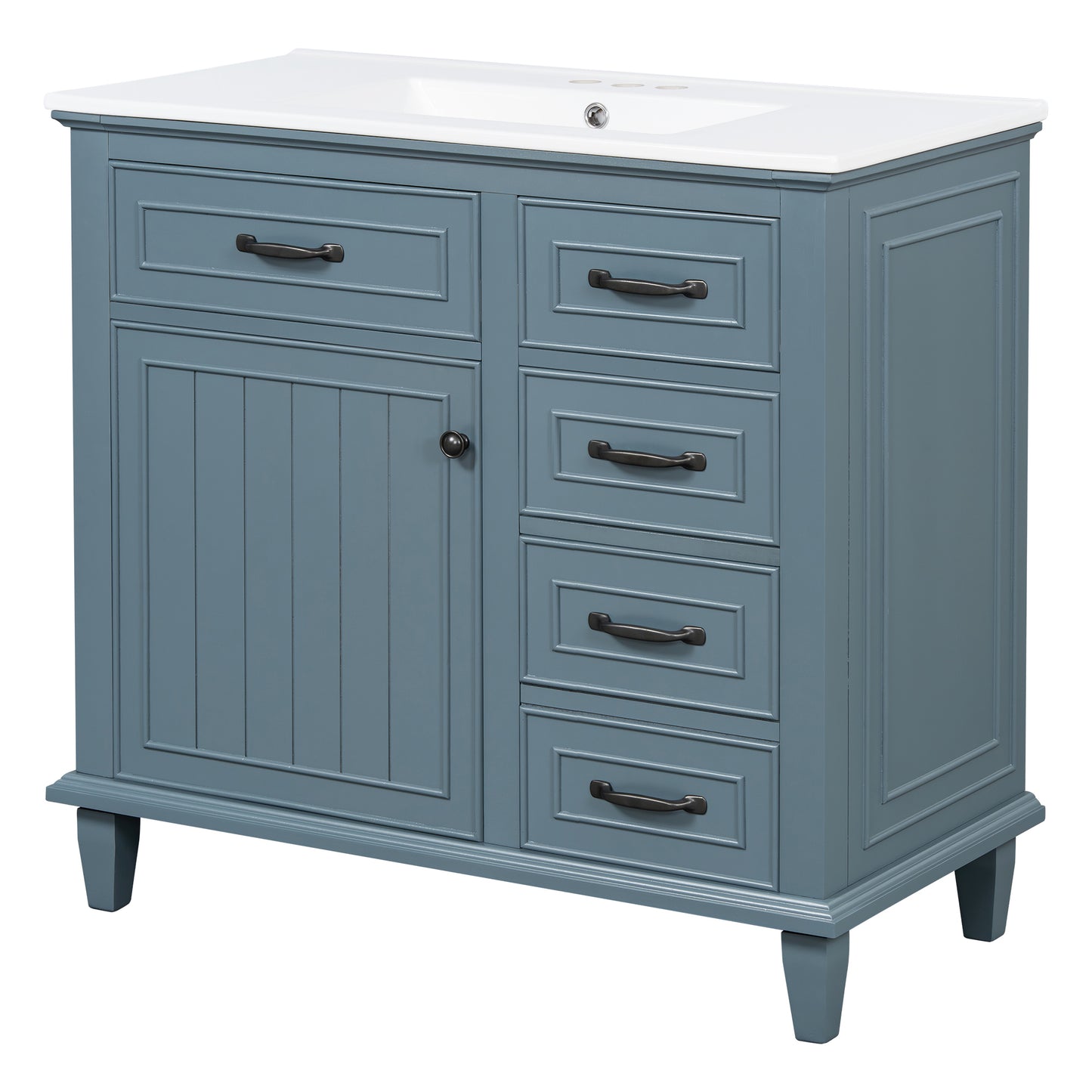 VanityFus 36-in Blue Grey Bathroom Vanity Single Sink Combo Ceramic Top 1 Soft Close Door 4 drawers Undermount Adjustable Shelves